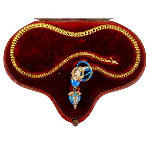 90 - A 19th century diamond, enamel and gold snake headed necklace, with thirty-five diamonds and two red... 