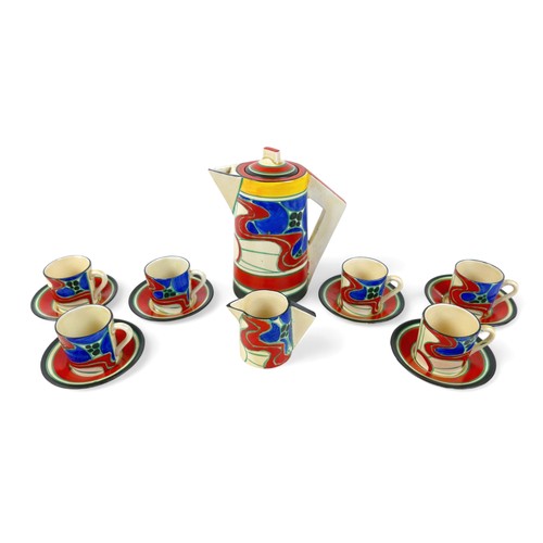 213 - A Clarice Cliff coffee set, decorated in the 'Sunrise (red)' pattern, circa 1929, comprising six cof... 