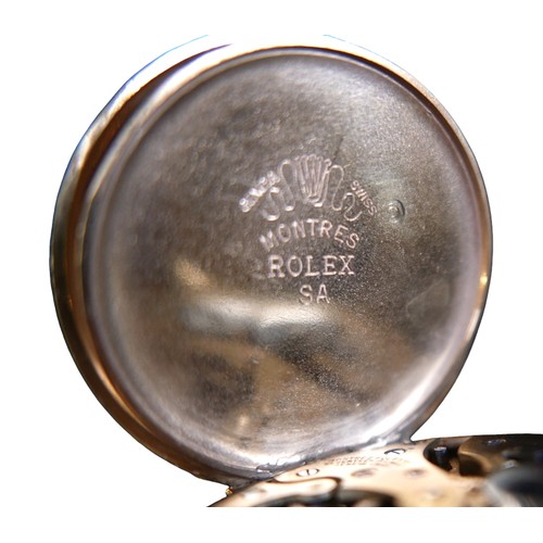 103 - A gold plated Rolex pocket watch, 47mm case, top wind 17 jewel movement, enamel dial with secondary ... 