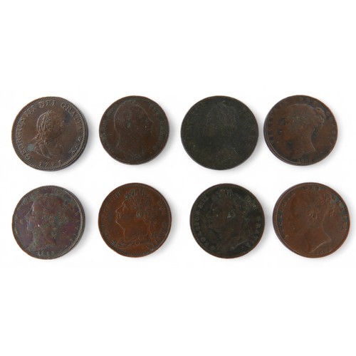 122 - British Coins: Eight copper / bronze Farthings, comprising: George II 1754 farthing, 5g
George III  ... 