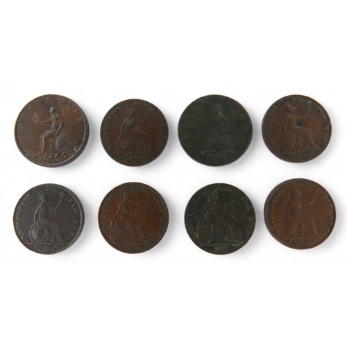 122 - British Coins: Eight copper / bronze Farthings, comprising: George II 1754 farthing, 5g
George III  ... 