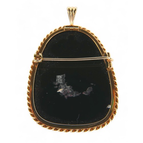 51 - A 9ct yellow gold blue agate cameo brooch, with pendant fitting 34 by 11 by 42mm, 14.0g.