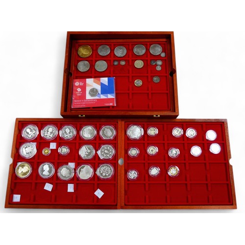 130 - A collection of various British coins, including some silver content, including three piedfort one p... 