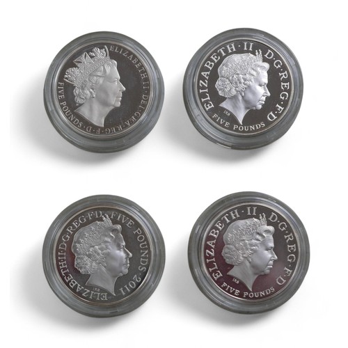 125 - Four piedfort British coins, comprising three five pound coins '1926 Vivat Regina 2006', 'Elizabeth ... 