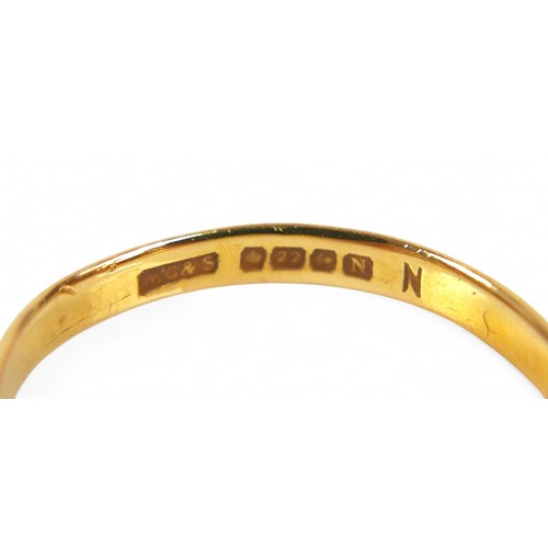 81 - A 22ct gold wedding band, slight bend in the band, size N, 2.2g, boxed.