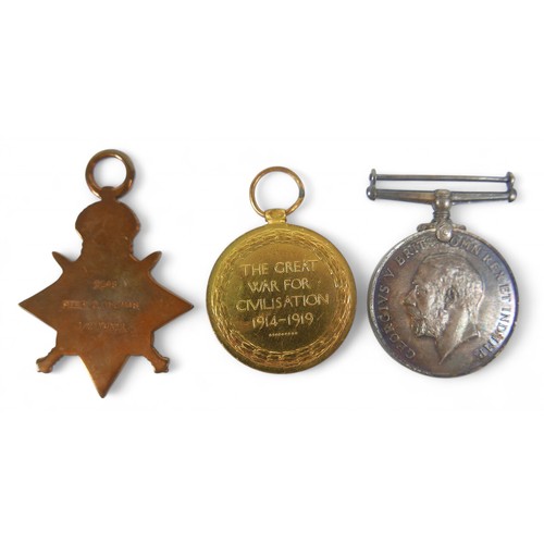 218 - An interesting WWI trio of medals, to Pte F G Thomas no 2246 1st 2nd Monmouth regiment with  a consp... 