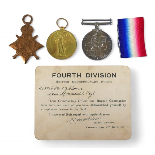 218 - An interesting WWI trio of medals, to Pte F G Thomas no 2246 1st 2nd Monmouth regiment with  a consp... 