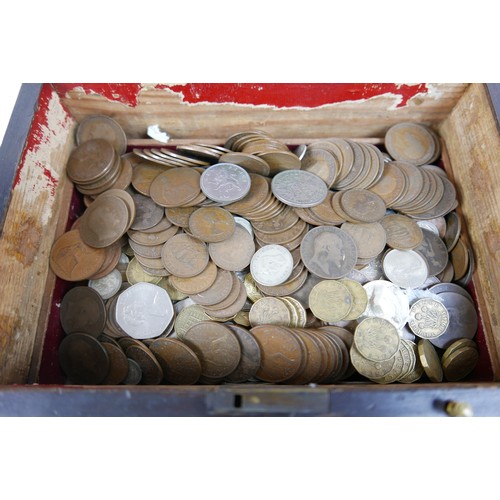 127 - A collection of mainly British coins, contained in a 19th century brass bound mahogany box.