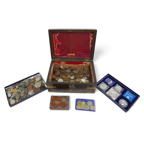 127 - A collection of mainly British coins, contained in a 19th century brass bound mahogany box.