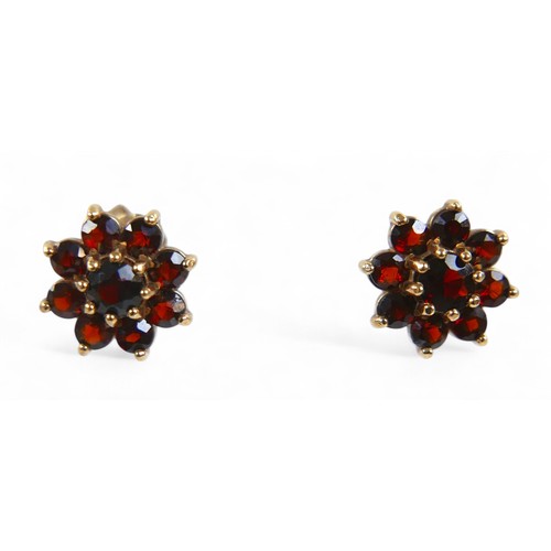 55 - Two pairs of 9ct gold and garnet earrings, flower head and drop design, total weight 5.4g.