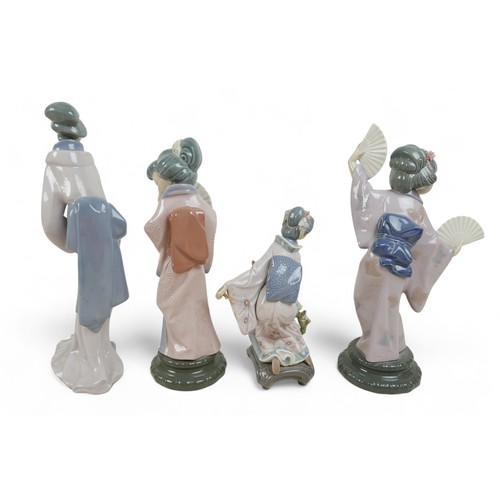 154 - A group of Lladro Geisha figurines, comprising Madame Butterfly Geisha with Fans, 4991, 30cm high, G... 