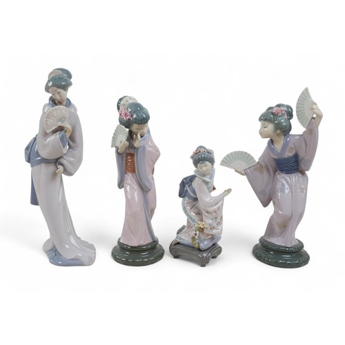 154 - A group of Lladro Geisha figurines, comprising Madame Butterfly Geisha with Fans, 4991, 30cm high, G... 