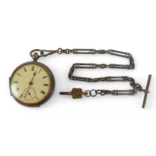 98 - Two silver key wind pocket watches, one with a silver watch chain, 50mm case and a smaller one with ... 