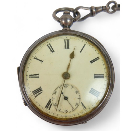 98 - Two silver key wind pocket watches, one with a silver watch chain, 50mm case and a smaller one with ... 