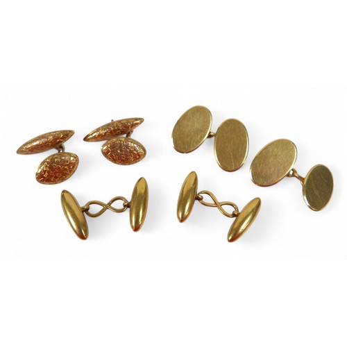 76 - Three pairs of gold cufflinks, comprising two pairs of 18ct 15.6g and a single pair of 9ct 3.7g. (1 ... 