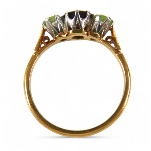 47 - An 18ct yellow gold three stone ring, size N, weight 3.2g.