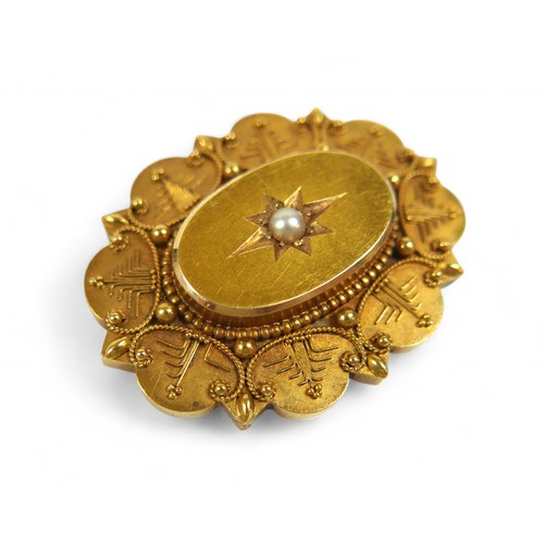 54 - A 15ct gold mourning brooch and a gilt metal cameo brooch, cameo measures 35 by 11 by 28mm, total we... 