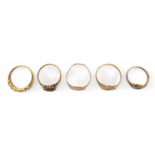 65 - Five gold rings, comprising four 9ct rings 8.7g and an 18ct dress ring size R 3.3g. (5)