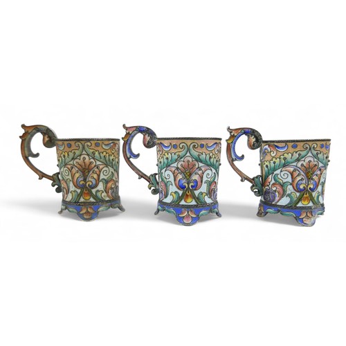 1 - Three cloisonné enamelled Russian silver tot cups, 88 fineness, cyrillic mark of Gustav Klingert, wi... 