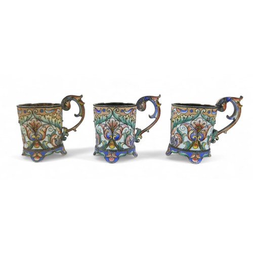 1 - Three cloisonné enamelled Russian silver tot cups, 88 fineness, cyrillic mark of Gustav Klingert, wi... 