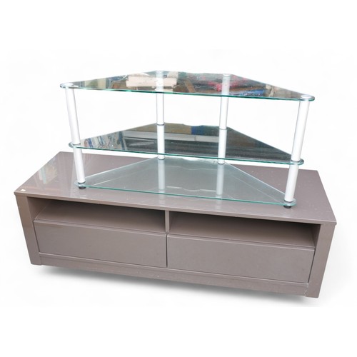 334 - Two TV entertainment stands, the larger with drawers, 150 by 50 by 46cm high.