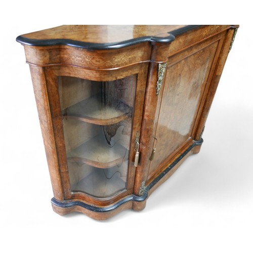 374 - A Victorian inlaid burr walnut credenza/side cabinet, with a shaped top, central door flanked by ser... 