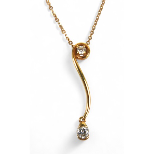 71 - An 18ct yellow gold diamond pendant necklace, set with two brilliant cut diamonds, pendant length 25... 