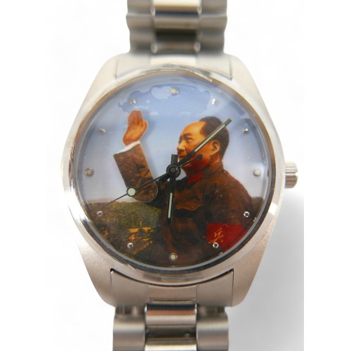 97A - A silver cased Buren wrist watch with oval dial, leather strap, plus a boxed Chairman Mao Shanghai T... 