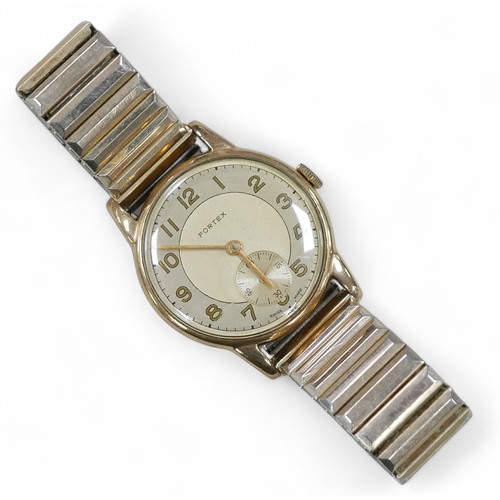 105 - A retro Fortex 9ct gold cased wristwatch, with Arabic hour markers and subsidiary dial, on a gilt me... 