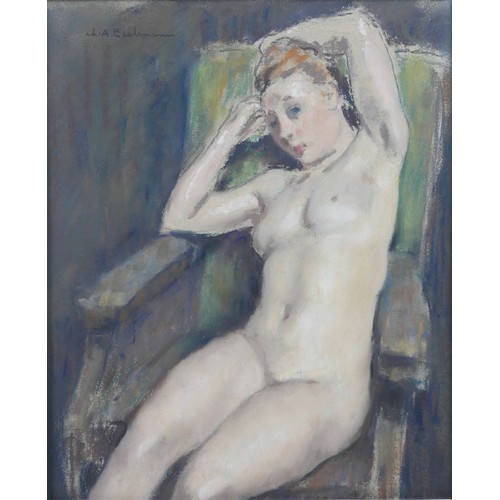 308 - Ch. A. Edelmann, portrait of a seated female nude in a green chair, pastel, signed upper left, 36 by... 