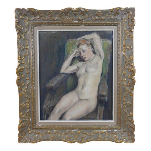 308 - Ch. A. Edelmann, portrait of a seated female nude in a green chair, pastel, signed upper left, 36 by... 