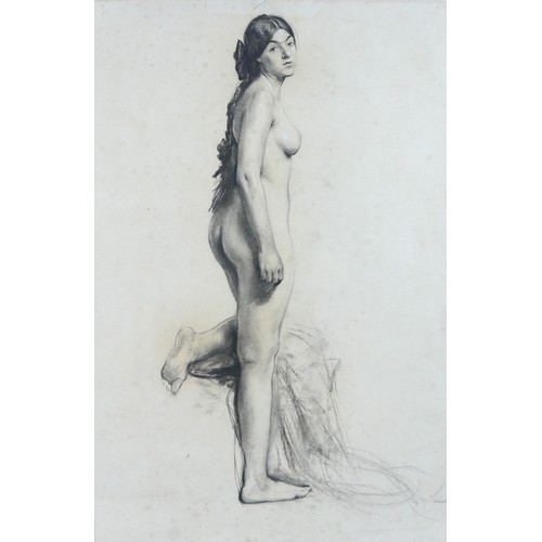 307 - Nancy Huntley; pencil study of a standing female nude, heightened with white. Provenance: purchased ... 