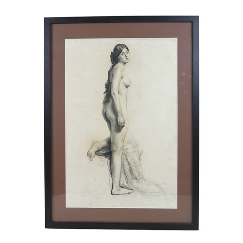 307 - Nancy Huntley; pencil study of a standing female nude, heightened with white. Provenance: purchased ... 