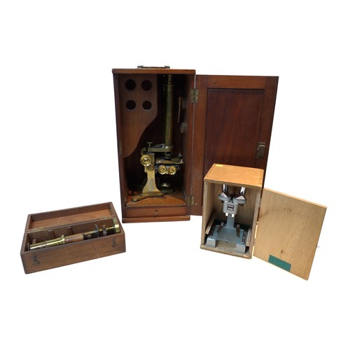 225 - A large Victorian John Browning brass binocular microscope, in wooden box, together with a smaller b... 