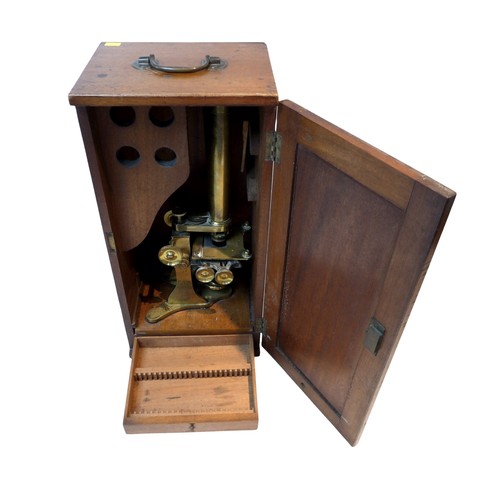 225 - A large Victorian John Browning brass binocular microscope, in wooden box, together with a smaller b... 