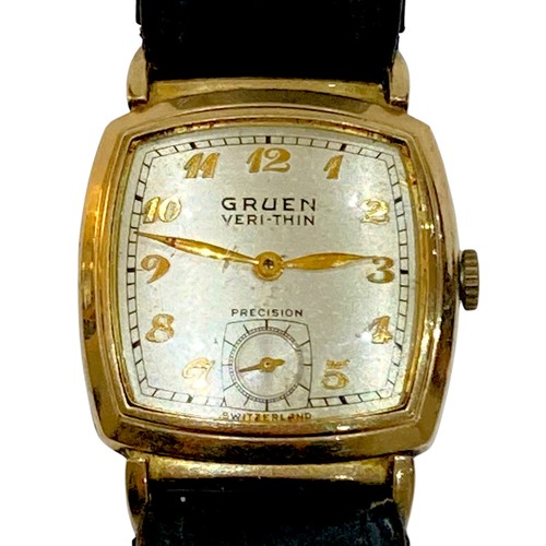 93A - A Gruen Veri-Thin Precision gold plated wristwatch, circa 1940, with rounded rectangular silvered di... 