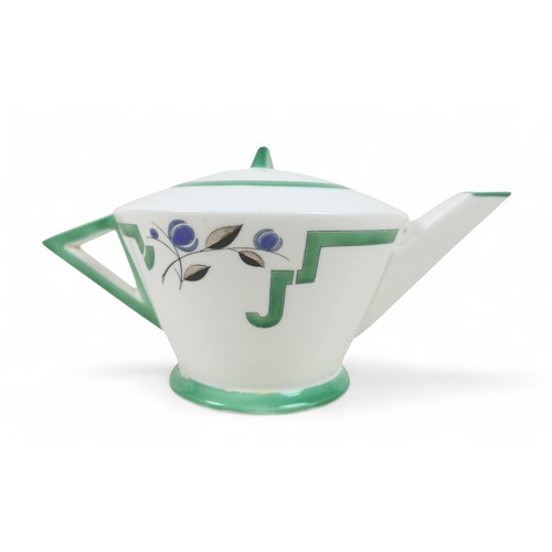 189A - An Art Deco Shelley tete-a-tete tea set, decorated in the 'Vogue 'J' Green' pattern, green printed f... 