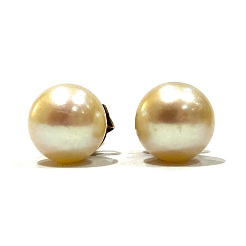 34A - A pair of 9ct gold mounted pearl stud earrings, 7.0mm, on post and scroll fittings, 1.5g, together w... 