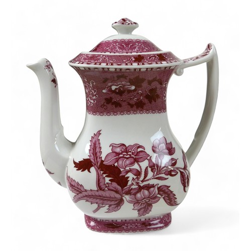 174 - A Spode coffee set, decorated in the 'Pink Camilla' pattern, with tea and coffee pots, milk and suga... 