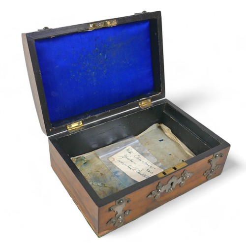 132 - A Victorian walnut trinket box, together with a presentation card inscribed in ink 