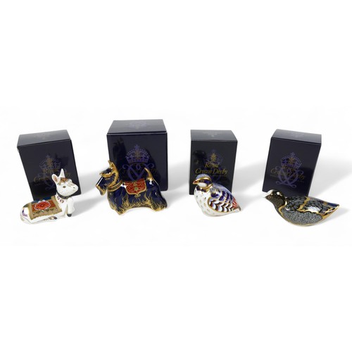 189 - Four boxed Royal Crown Derby paperweights, Chatsworth coot, Scottish terrier, red legged partridge a... 