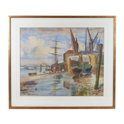 218 - E. Bartsch: The Thames at low tide with figures on a boat, an extensive river scene, watercolour, si... 