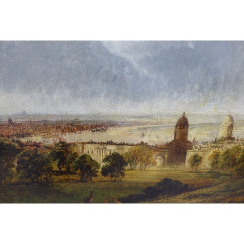 223 - English School (19th century): a view of Greenwich Naval College, unsigned, oil on in a gilt frame, ... 