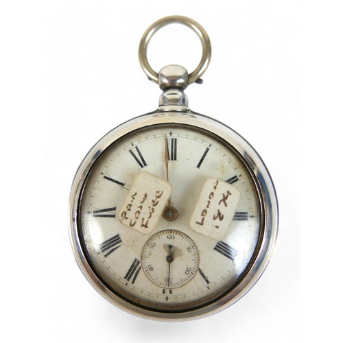 108 - Two silver-cased 19th century pocket watches; one pair-cased with subsidiary dial and Roman numerals... 