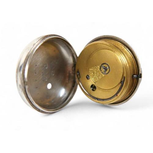 108 - Two silver-cased 19th century pocket watches; one pair-cased with subsidiary dial and Roman numerals... 