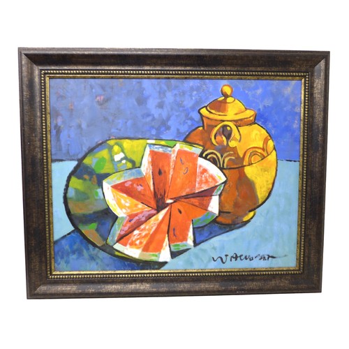 212 - William Hewson: 'Sandia', a still life depicting a watermelon and a yellow vase, signed lower right,... 