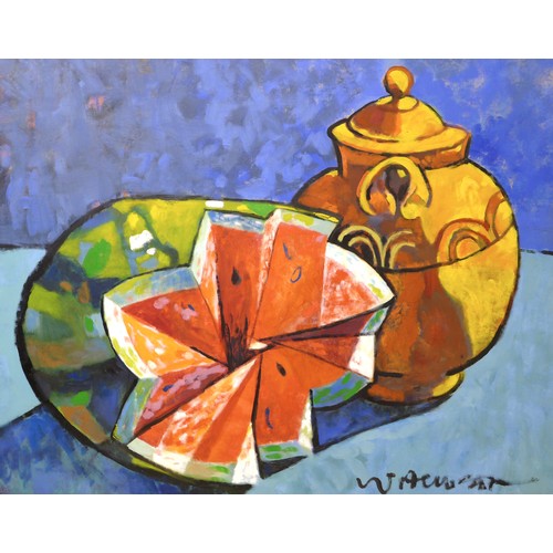 212 - William Hewson: 'Sandia', a still life depicting a watermelon and a yellow vase, signed lower right,... 