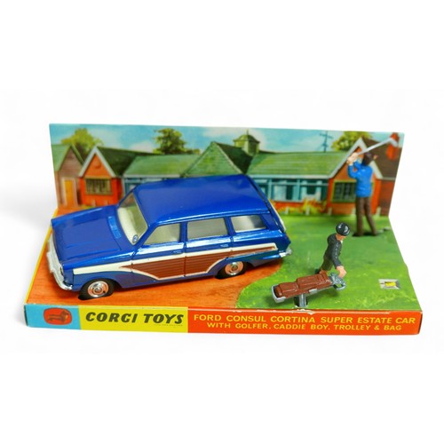 171 - A Corgi Toys die-cast model 440 Ford Consul Cortina Super Estate car, with two golf figures, cardboa... 