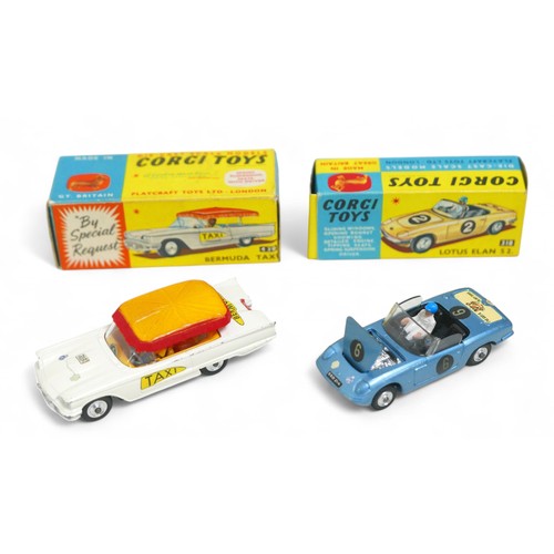 164 - Two Corgi Toys die-cast models, comprising a 318 Lotus Elan S 2 together with a 430 Bermuda Taxi, bo... 