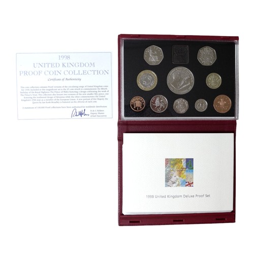 30 - Six Royal Mint United Kingdom proof coin sets, including three deluxe set for 1995, 1997, 1998, toge... 